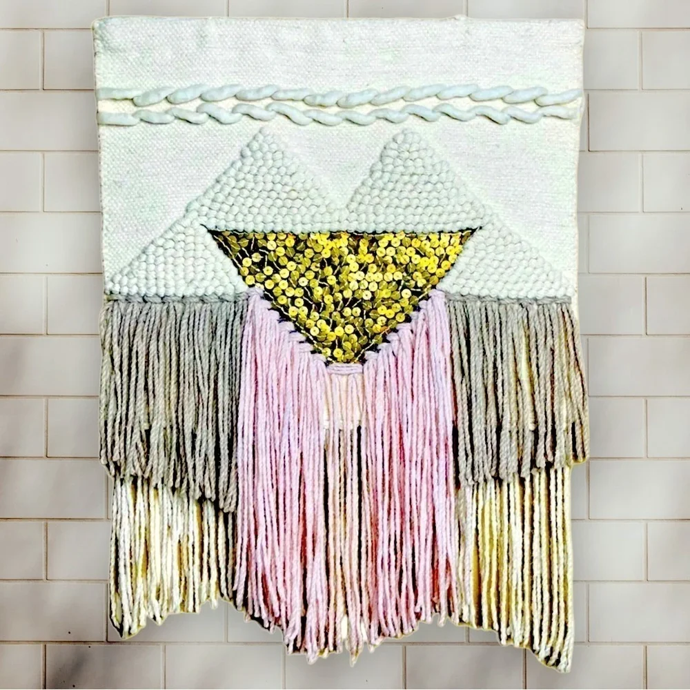 Pier 1 Macrame Woven Tapestry Wall Hanging with Gold Sequin Accents Boho Chunky